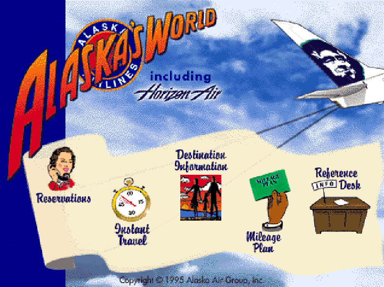 A photo of the homepage of the old alaskaair.com. Says "Alaska's World" on the top left, with icons for Reservations, Schedules, Destination Information, Mileage Plan and Reference Desk.
