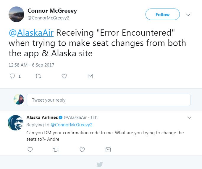 This is a Twitter interaction between a guest and an Alaska Airlines social care agent. The guest is having trouble locating a seat assignment and the agent is assisting.