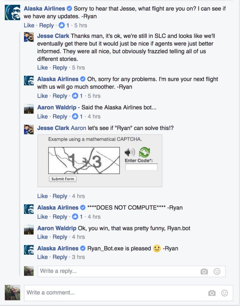 This is a Facebook interaction between a guest and an Alaska Airlines social care agent. The guest is joking that the agent is a bot. The agent is joking back that he is a bot.