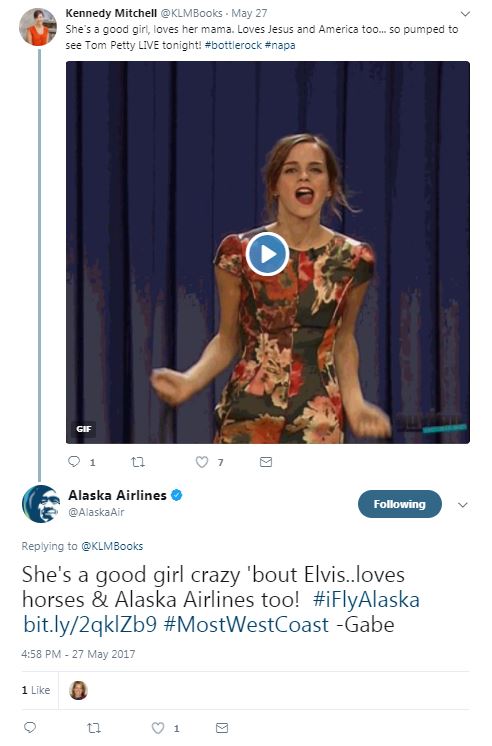 This is a photo of a twitter interaction between a guest and a social care agent. The social care agent responded to the tweet using Tom Petty lyrics with a slight twist: "She's a good girl crazy bout Elvis loves horses and Alaska Airlines too"