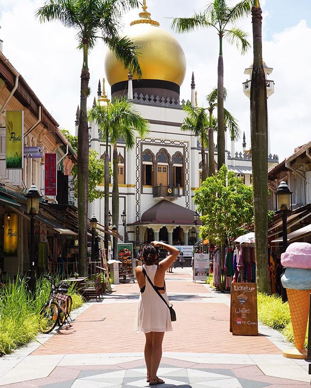 This is a photo of a woman standing on a sidewalk taking a photo of the mosque. The sidewalk is lined with shops and palm trees.