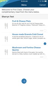 This is a screenshot of the Alaska Airlines mobile app. It lists three breakfast options. One is a fruit and cheese platter
