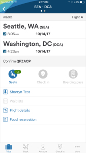 This is a screenshot of the Alaska Airlines mobile app. It shows a reservation departing Seattle for Washington, D.C. There are several icons below the destination one reads "Food Reservation"